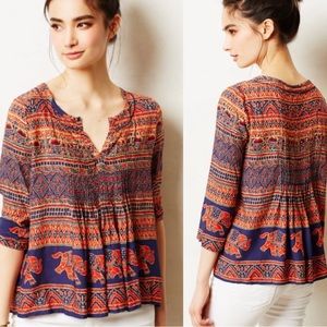 Anthropologie Vanessa Virginia Mahdia pleated elephant print blouse size 4